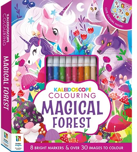 Curious Universe | Magical Forest Kaleidoscope Colouring Kit | Colouring Book with 8 Pens in Hardback Folder | Arts and Crafts for Children and Teens | Gifts for Girls | Unicorn Colouring-in