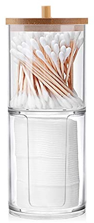 WJASI Qtip Holder Dispenser with Cotton Pads Jar Set Bamboo Lid Stackable Bathroom Counter Acrylic Organizer to Storage Cotton Ball Cotton Swab and Bath Salts