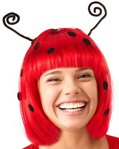 Peluca Bob Mariquita roja con lunares negros y antenas | Peluca Mariquita | Accesorios para el cabello | Tupé Escarabajo | Sombreros | Carnaval Fiesta de Halloween
