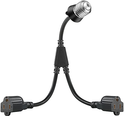1 Pcs 2 in 1 Light Socket to Plug Adapter, Convert E26/E27 Bulb Socket to 2 Pieces 3 Prong Outlet with Extension Cord, Flexible Light Bulb Socket Converter Suitable for Porch Patio Garage Use (Black)