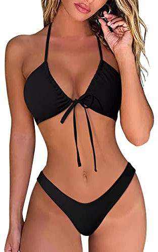 OMKAGI Sexy Thong Bikini Set for Women Swimsuit Push Up String Brazilian Bathing Suits(M, Black)