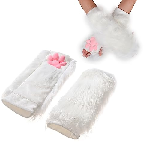 SIROLISA Guantes de pata de gato peludo para mujer, suaves 3D dedos de los pies, frijoles sin dedos de gato garra patas almohadilla manga, Guantes blancos, Talla única