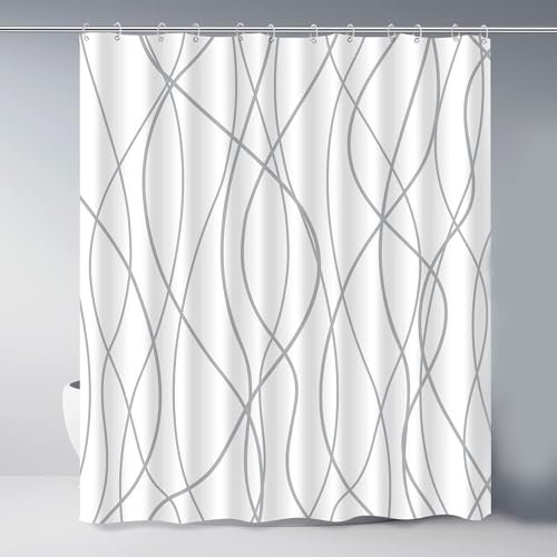 xinbai Grey and White Striped Fabric Shower Curtain for Bathroom with 12 Hooks, Curtains 72 Inches Long, Weighted Hem,Waterproof Bath Accessories Hotel Style - Machine Washable