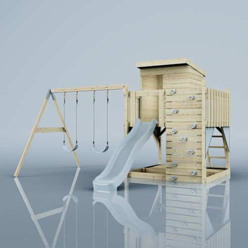 PolarPlay Spielturm Björn aus Holz in Blau Kinderschaukel