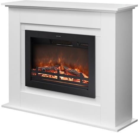 Rodalflame 104cm Chimenea eléctrica con Manto, Caja de Fuego circundante de Madera, Independiente, Brillo de Llama Ajustable, Blanco Marfil, Conjunto de 2