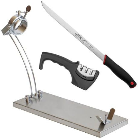 CUPERINOX | Support à jambon inoxydable pliable et rotatif professionnel avec base antidérapante pour couper les jambon et les palettes, comprend un couteau professionnel + aiguiseur | Elite
