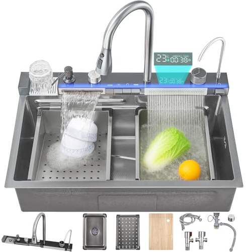 Ribanedy 80 cm Fregadero de cocina inteligente de acero inoxidable 304, fregadero en cascada moderno multifuncional con grifo integrado con pantalla digital, lavavasos y juego de accesorios