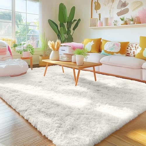 Homaxy Stor, fluffig, halkfri, maskintvättbar matta med hög lugg, för vardagsrum, sovrum, barnkammare, 120 x 160 cm, krämfärg