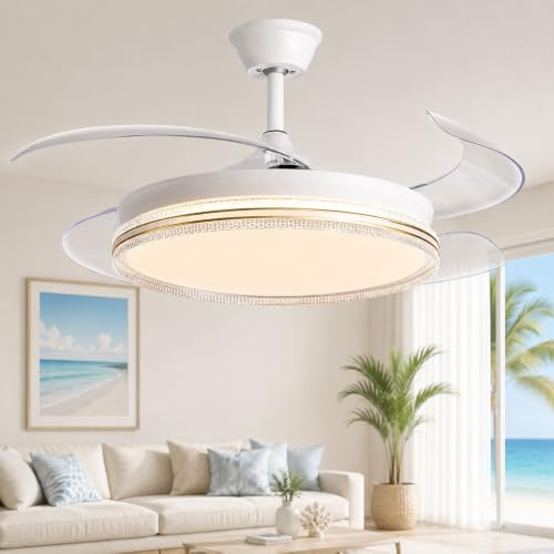 081 Store - Ventilatore da Soffitto con Luce LED e Telecomando, Pale Retrattili Trasparenti, 6 Velocità, 3 Tonalità di Luce, Timer 1/2/4/8H, Motore DC Reversibile Silenzioso, 48 Pollici 120 cm