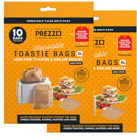 Prezzo XL Reusable Toastie Bags (20 Pack) | 100+ Uses | | Non-Stick, Heat-Resistant & Easy Clean | Perfect for Larger Toasties, Paninis & Snacks | Extra-Large 17x19cm (x2 Packs of 10)