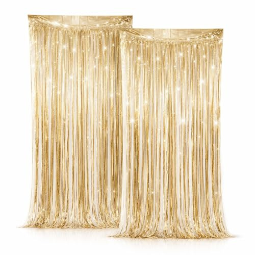 Champagne Gold Tinsel Foil Curtain 2Pcs - Party Decor 3.2ft x 6.4ft | Shimmering Door & Wall Decoration for Birthday, Wedding, Hen party, Photo Booth & Event decoration