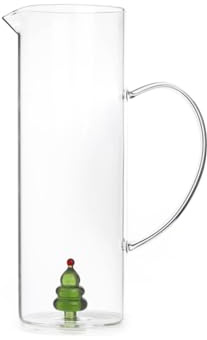 H&H – Caraffa Natalizia in Vetro Borosilicato Trasparente 1,5 L – Con Miniatura di Albero di Natale – Lavabile in Lavastoviglie