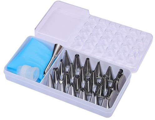 FUANA 28-Piece 430 Stainless Steel Piping Nozzle Set with Storage Box, for Baking, Cream, Butter Decoration, 19 cm x 9 cm x 4 cm Kitchen Cookware