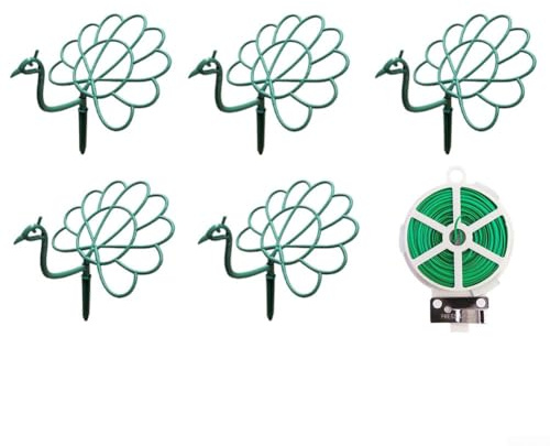 Förpackning med 5 blomstativ formade som påfåglar med 20 m bindningstråd, plastmaterial utformat för starkt stöd av solrosor och andra blommor