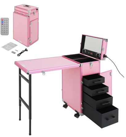 LENJKYYO Table de manucure pliable mobile avec 4 tiroirs, télécommande et Bluetooth, table à ongles avec 4 tiroirs, chariot cosmétique pour studio et voyage, rose
