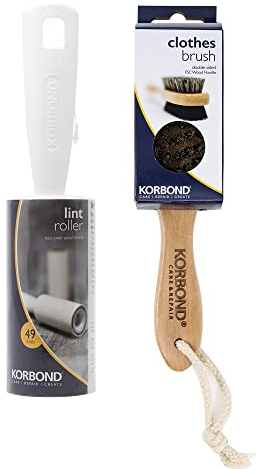 Kit de nettoyage à sec complet Korbond - 1 BROSSE À VÊTEMENTS double face et 1 ROULEAU DE LINT 7.4m - Pour tous les tissus - Élimine la boue, la poussière, les peluches et les poils sur les tissus