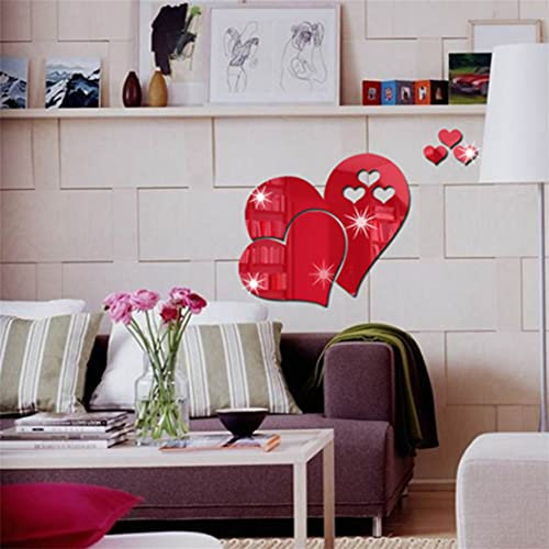3D Mirror Love Hearts Wall Sticker Decal DIY Mirror Wall Decals Acrylic for Bedroom Living Room (Red)