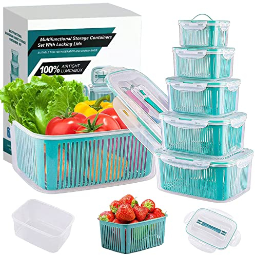 15 PCS Stackable Airtight Fruit & Vegetable Storage Box Food Storage Containers Set for Refrigerator BPA Free Organizer with Draining Baskets and Handles for Picnic Party Travel (Pine Green)