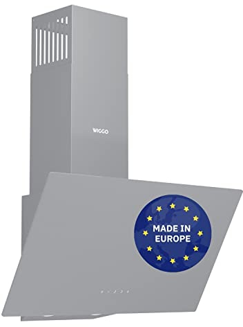 Wiggo Dunstabzugshaube 60cm kopffrei I Abluft Umluft Dunstabzug 650m³/h - Touch-Display 4 Stufen I Energieeffizienzklasse A Schräghaube inkl. Fettfilter & 2x Kohlefilter I Abzugshaube Glasfront grau