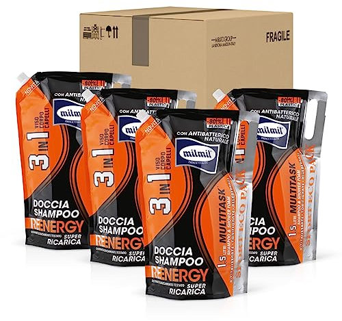 Milmil Doccia Shampoo Reenergy Multitask 3 In 1 Viso Corpo Capelli, Rivitalizzante, Tonificante e Rigenerante, con Antibatterico Naturale, Sport Eco Pack, Busta Maxi Ricarica - 4 x 1500 ML