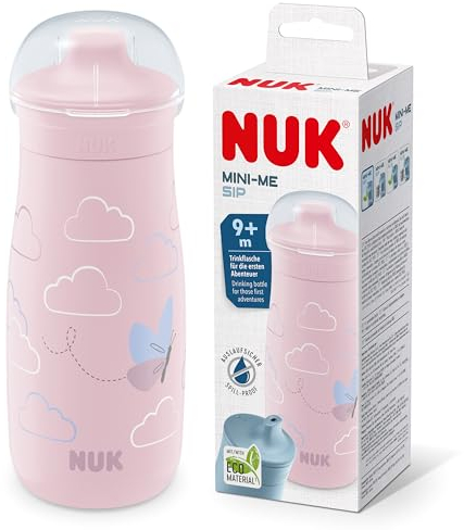 NUK Mini-Me Sip für Kleinkinder | ab 9 Monate | 300 ml | Kinderwasserflasche | auslaufsichere stabile Trinköffnung | bruchsicher | rosa Schmetterling