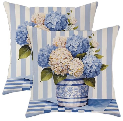 Hydrangea Floral Throw Pillow Covers Pack of 2 vase Striped Flower Classic Elegant Vintage Rose Farmhouse Blue Velvet Soft for Women Living Room Decor Bedroom Dorm Sofa Cushion Pillowcases 18x18inch
