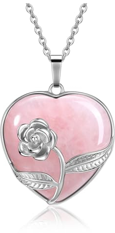 GEHECRST Damen Halskette Edelstein Silber Rose Wrap Herz Anhänger mit Kette Liebe Amulett Segen Schmuck Reiki Steine Halsschmuck (Rosenquarz)