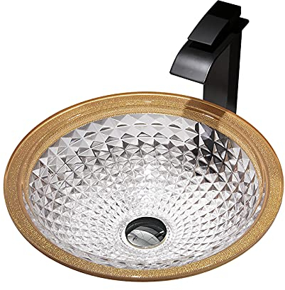 KJSHXYG Badezimmer-Waschbecken, Waschtisch, Glas-Waschbecken, rundes Luxus-Waschbecken auf der Arbeitsplatte, Schüssel über dem Waschbecken, Kunstbecken mit Wasserfall-Wasserhahn, Pop-Up-Ablauf