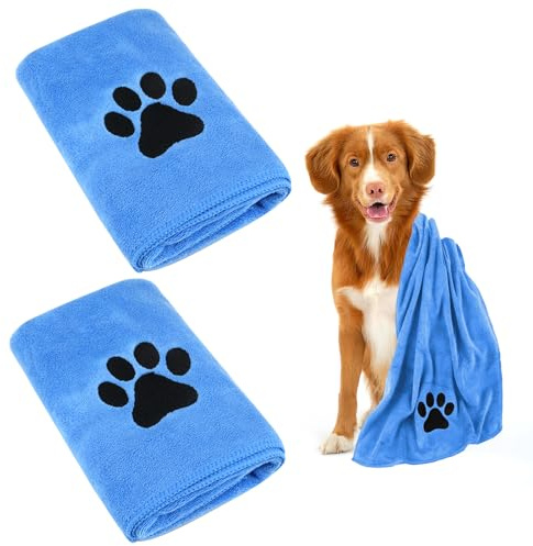 Hundehandtuch, 2 Stück Hundehandtuch Extra Saugfähig für Hunde Und Katzen, Blau Schnelltrocknend Haustier Mikrofaser Handtücher, Hunde Handtuch für Katzen, Hunde Oder Andere Haustiere (75 x 35 cm)