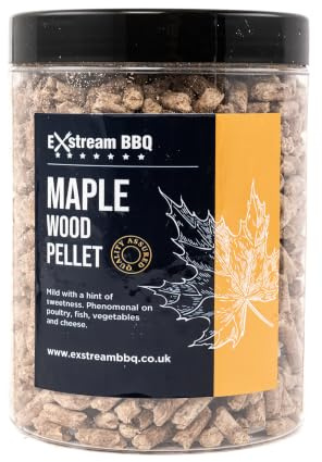 Exstream BBQ Premium Wood Smoker Pellets | Smoking Pellets For BBQ Woodfire Pizza Grill | Compatible With All Brands Of Outdoor Cooking Appliances | 1 x One Litre Pellets + Storage Jar Maple