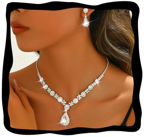 Fashband Bridal Necklace Set Silver Pendant Earrings Set Bride Wedding Jewelry Sets Rhinestone Prom Necklaces Accessories for Women (Silver)