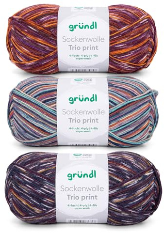 Gründl Wolle Sockenwolle Trio - Strickgarn für 3 Paar Socken - Strapazierfähig und hautfreundlich - 75% Schurwolle, 25% Polyamid - 3 Knäuel 100 g / 420 m - Nadelstärke 2,5-3 - violett aqua orange