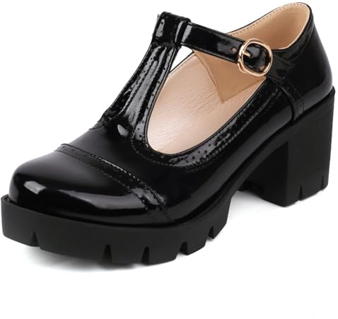 Gicoiz Patent Mary Jane Brogue Women T Strap Platform Pumps Buckle Girls School Round Toe Classic Block Heel Shoe Black Size 7-41