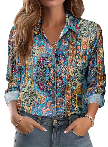 Zeagoo Womens Clothing Boho Long Sleeve Blouses Business Casual Top Printed Button Down Shirts