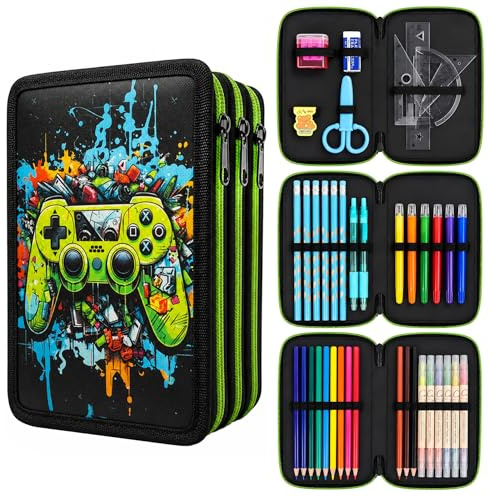Mowtential Estuche Escolar Gamer con 41 Piezas, Cartuchera Escolar con Material Escolar, Triple Cremallera, Estuche Grande para Colegio, Regalo Vuelta al Cole,Diseño Mando Videojuego Negro Verde
