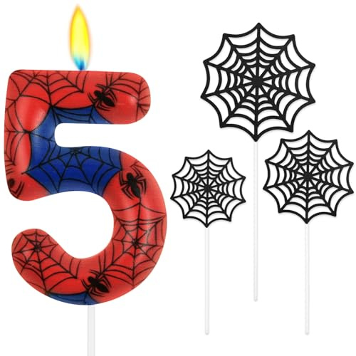 Alaoo Candele di Compleanno, Candele per Candeline Ragno di 5° Compleanno, Candela di Compleanno a Tema Ragno, Decorazione per torta a forma di ragnatela, Adatto a Ragazzi e Ragazze(Rosso-5)