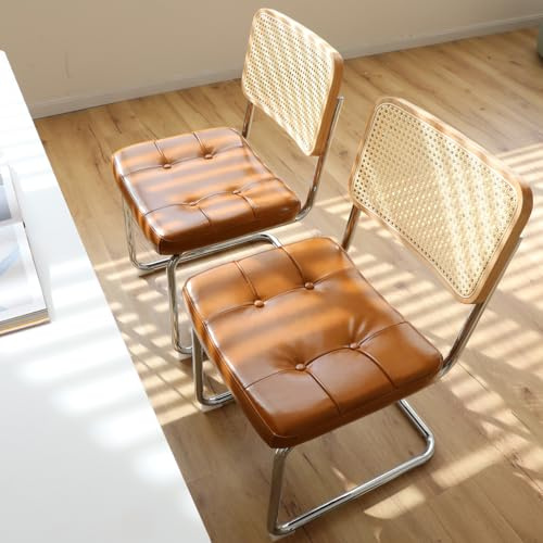SHINETUNE 2-Piece Modern Dining Chairs, Faux Leather Upholstered Side Accent Chairs with Rattan PanelsComfortable Upholstered Seats for Dining Room (Brown, 2 Pieces)