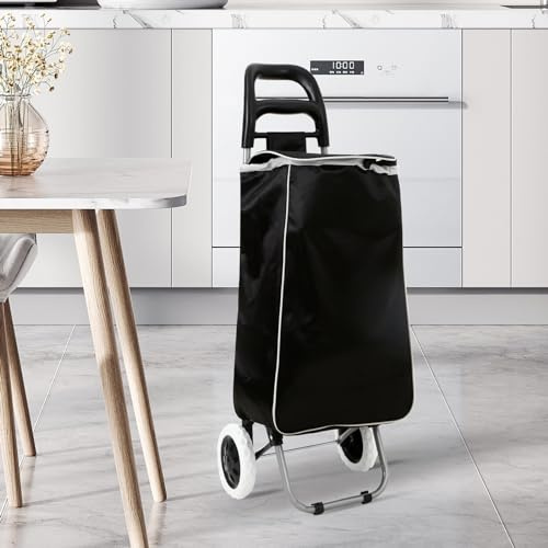 Shopping Trolley with Wheels, Foldable Cart with Foam Handle, Large Capacity Bag, 35 x 28 x 94 cm (Black)