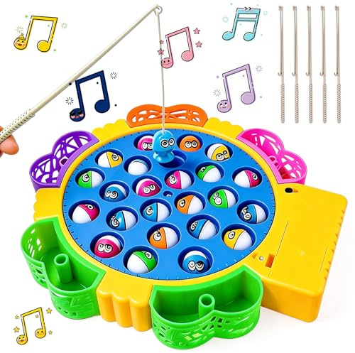 Dcceeo Juguete de Pesca, Juego Pescar Peces con 24 Pcs Peces y 4 Caña de Pescar Juguete Pescar Giratorio Juguetes Educativo Montessori Juego de Pesca Musical Regalos para Niños/Niñas de 2 3 4 5 Años