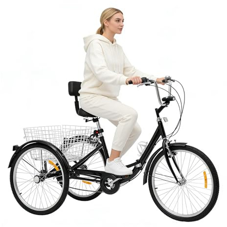 Chelngveo 60 cm (24 tum) trehjuling för vuxna, hopfällbar kolstål 3-hjulig cykel med varukorg, 7 växlar, vuxencykel med dryckshållare och LED-belysning, justerbar