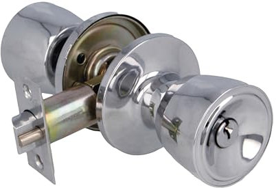 Amig - Pomo Puerta Entrada - Juego de Pomos Tipo Copa con Sistema Antitarjeta- Latón - Picaporte Entrada 60/70 mm - Llave y Condena - Para Puertas de Madera - Picaporte Canto Cuadrado- Cromado Brillo