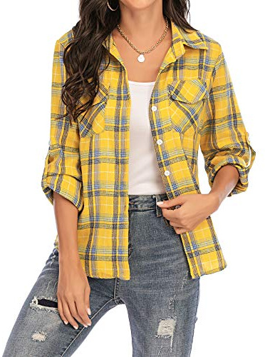 Enjoyoself 100% Cotton Women Flannel Plaid Shirt Blouse Long Sleeve Button Down Boyfriend Casual Check Shirts Classic Tops Yellow