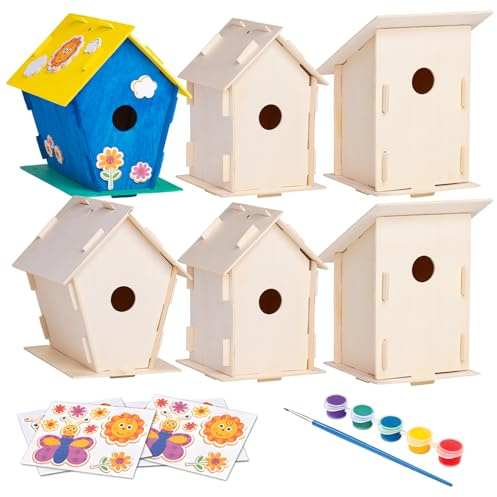 Neliblu DIY 12 Wooden Bird House Kits - Creative Arts and Crafts Set for Kids and Adults - Unfinished Wood Birdhouses with Paint Strips, Brushes, Stickers and Strings - 3 Unique Shapes, 2 Sizes
