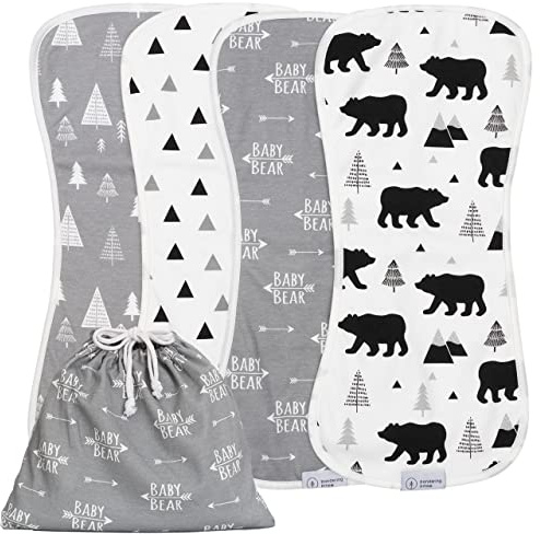 Organic Baby Bear Burp Cloths Boy with Bag - 100% Organic Outside Layers with Extra Absorbent Middle - XLarge Baby Boy and Girl Burping Cloths Set, Soft Spit Up Rags, Woodland Nursery (4 Pack)