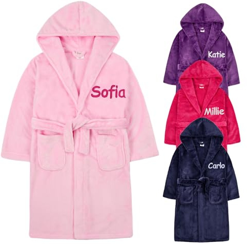 Gembroidery Personalised Kids Bathrobe Fleece Dressing Gown Children Hooded Robe For Boys Girls Teens Plush Super Soft Gift (13-14 years Pink)