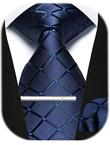 Enlision Cravatta a Quadri Blu Cravatta e Fazzoletto da Taschino con Set fermacravatta Formali Matrimonio Feste Cravatte per Uomo,Blu Marina