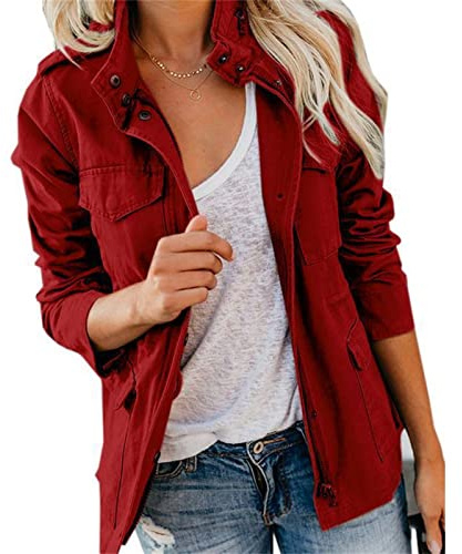 DGKaxiyaHM Veste Militaire Multi-Poches Pour Femmes Anorak De Terrain Utilitaire à Manches Longues Et Fermeture éClair Veste Slim Spring Fall Outwear (Rouge,3XL)