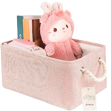 JUNLAI Storage Baskets with Handles, Foldable Small Pink Storage Box, Fabric Wardrobe Storage Basket for Office & Home, Book, Clothes, Toys(Pink, Small)