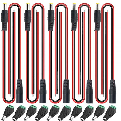 YIXISI Power-Pigtail Adapterset – DC-kontakt och uttag set (5,5 x 2,1 mm), 10 par hane hona uttagsadapter och kabel för CCTV säkerhetskamera
