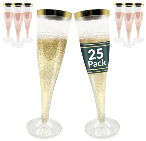 Reli. Champagne Flutes Plastic | 25 Pack | 4.5 oz - Gold Rim & Glitter | Premium Plastic Champagne Flutes | Party-Perfect for Celebrations